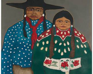 1036 Kevin Red Star (b. 1943, Crow) "Mr. & Mrs. Medicine Crow" Oil, ink, and metallic pigments on canvas Signed lower right: Kevin Red Star; signed again and titled verso 42" H x 32" W Estimate: $4,000 - $6,000