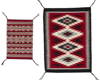 1244 Two small Navajo Ganado weavings Late 20th century, Diné  Shanna Tisi (b. 20th century, Diné) A Navajo 'Eyedazzler' textile woven in red, grey, cream, and black wool with four vertically stacked serrated diamonds, with a sawtooth border to sides 30" H x 22.25" W  A small Navajo woven sampler mat with alternating geometric stepped and striped banding 18.25" H x 12.25" W  2 pieces Estimate: $300 - $500