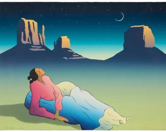 1371 R.C. Gorman (1932-2005, Navajo/Diné) "Crescent Moon," 1987 Lithograph in colors on paper Edition: 181/225 Signed, dated, and numbered in pencil along the lower edge: R.C. Gorman 1987, with the artist's blindstamp; Houston Fine Art Press, Houston, TX, prntr., with their blindstamp lower right Image/Sheet: 30" H x 39.5" W Estimate: $300 - $500