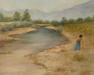1192 Grace Carpenter Hudson (1865-1937) Sketch of a figure along a stream Oil on board Signed lower right: G. Hudson; inscribed in ink in another hand, verso: "N.21 / Sketched by Grace Hudson / authenticated by her nephew / Mark A Carpenter" Sight: 14" H x 9" W Estimate: $800 - $1,200