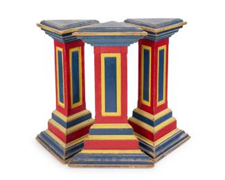 1276 Three Folk Art painted wood pedestals 20th century Each of tiered triangular form, painted in primary colors 3 pieces Each: 32.5" H x 21" W x 19" D Estimate: $500 - $700