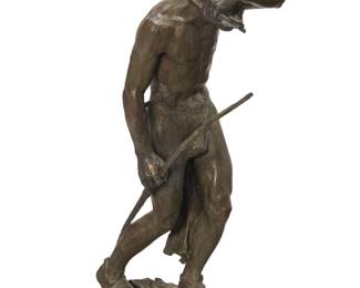 1187 Edward Berge (1876-1924, American) "On the Trail," circa 1918 Patinated bronze Signed in the casting: Berge; inscribed in relief: PRESENTED TO GEORGE T. BISHOP 1918 / IN APPRECIATION OF HIS HOSPITALITY ON THE FISHING AND MOTOR TRIP / JULY 4-14 1918 / THE PLEASANT MEMORIES OF WHICH WILL ALWAYS LINGER WITH HIS GRATEFUL GUESTS / B. A. BRENNAN JAMES J. DOYLE CYRUS S. EATON [et al.] 32.25" H x 10" W x 20.5" D Estimate: $1,000 - $1,500