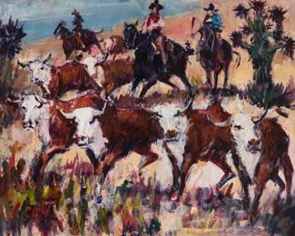 1020 James Lee Colt (1922-2005) "Roundup" Oil on panel Signed lower left: J. Colt; with an unfinished sketch in oil, verso; titled on a label affixed to the frame's verso 24" H x 30" W Estimate: $1,000 - $1,500