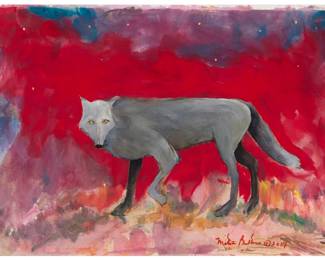 1046 Mitch Battese (1951-2020, Chickasaw/Prairie Band Potawatomi) Wolf, 2017 Watercolor and gouache on paper Signed twice and dated lower right: Mitch Battese © 2017 Sight: 11.5" H x 17.5" W Estimate: $200 - $400