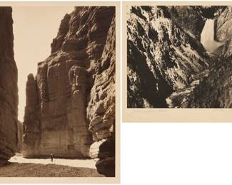 1071 Dain L. Tasker (1872-1964) Two works:  "Painted Cañon," 1926 Photograph on paper mounted to paperboard From the edition of unknown size Signed, titled, and dated in pencil on the paperboard mount, just below the photo: Dr. Dain L. Tasker '26 Image/Sheet: 11.625" x 9.625": Mount; 18.125" H x 14.125" W  "Yellowstone Falls," 1928 From the edition of unknown size Photograph on paper mounted to paperboard Signed, titled, and dated in pencil on the paperboard mount, just below the photo: Dr. Dain L. Tasker 1928 Image/Sheet: 7.375" H x 9.375" W; Mount: 18.125" H x 14.125" W Estimate: $400 - $600