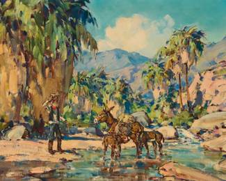 1251 Marjorie Reed (1915-1996) Miner with donkeys in an oasis Oil on canvas laid to canvas Signed lower right: Marjorie Reed 24" H x 36" W Estimate: $2,000 - $3,000