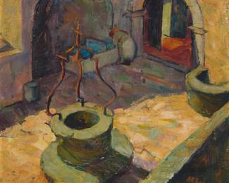 1055 Anna Katharine Skeele (1896-1963) "In an Indian Village near Santa Fe, New Mexico" Oil on canvasboard Signed lower right: AK Skeele; titled on a typewritten label affixed to the frame's backing paper 13" H x 15.5" W Estimate: $700 - $1,000