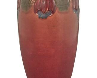 1135 Charles Stewart Todd for Rookwood pottery Modeled mat vase, 1915 Glazed earthenware Impressed manufacturer's mark, date and number to underside 'Flame mark XV 1126C' with incised artist's initials 'C.S.T.' 9.25" H x 5.5" Dia. Estimate: $300 - $500