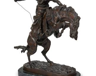 1301 After Frederic Remington (1861-1909) "The Broncho Buster," original 1895 Patinated bronze on a stone plinth Edition: RCS 505/775 Signed and numbered in the casting: Copyright Frederic Remington Bronze: 21" H x 20.75" W x 10.5" D; Overall: 22.625" H Estimate: $800 - $1,200