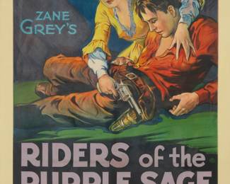 1413 Western Movie Poster for "Riders of the Purple Sage," circa 1931 Lithograph in colors on paper laid another sheet of paper or possibly canvas From the edition of unknown size H. C. Miner Litho. Co., New York, NY, prntr., with their name and presumably the identifying number of this poster image (30126) printed in the lower righter corner of the image Image: 33.75" H x 25" W; Sheet: 41.5" H x 28.375" W Estimate: $300 - $500