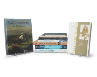 1418 A group of eleven Western art books 1957-2007 Hardcover and softbound books Eleven works:  "Frederic Remington: A Catalogue Raisonné," 1996, 2 volumes "Albert Bierstadt: Art & Enterprise," 1990 "Maynard Dixon: Masterpieces from the Brigham Young University & Private Collections," 2007 "The Heart of Maynard Dixon," 2001 "The Charles M. Russell Book: The Life and Work of the Cowboy Artist," 1957 "Thomas Hill: The Grand View," 1980 "George Sanders Bickerstaff 1893-1954 'Painter of Pictures'," 1988 "The Paintings of Fred Grayson Sayre (1879-1939)," 1987 "Sydney Laurence: Painter of the North," 1990 "Birger Sandzén: An Illustrated Biography," 1993 "C.S. Price," n.d.  11 pieces Largest: 13.5" H x 10.5" W x 1" D Estimate: $300 - $500