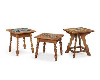 1264 Three California tile top side tables Early/mid-20th century Two raised on turned legs and one with shaped base and box stretcher 3 pieces Tallest: 20.25" H x 18" W x 18" D; Shortest: 16.5" H x 18" W x 18" D Estimate: $300 - $500