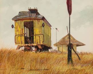 1027 David Allen Halbach (1931-2022) "Last Stop" Watercolor on paper Signed and dated lower left: David Halbach 1973 ©; titled and inscribed: "Last Stop / Dear Clark and Jane / Thanks so much. Best / of all to you. / Your good friend, / David A Halbach," and with the artist's copyright ink stamp, all on the frame's backing paper Sight: 11" H x 8" W Estimate: $700 - $900