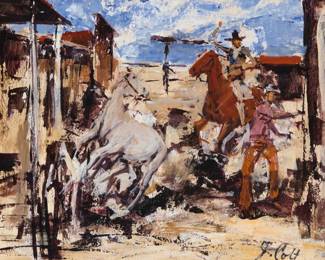 1021 James Lee Colt (1922-2005) "Restless Bronco" Oil on panel Signed lower right: J. Colt; titled on a label affixed to the frame's backing paper 13" H x 15.5" W Estimate: $500 - $700