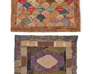 1304 Two American hooked rugs 20th century Comprising two large folk art rugs, including one with red, blue, pink, and multicolored quilt-style scalloped motifs and pink checkered borders, and a square rug with a modernist-style patchwork design in purple, brown, and green with fine stripe borders 2 pieces Larger: 32.5" H x 44.5" W; Smaller: 41" H x 44.5" W Estimate: $200 - $400