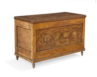 1289 An American painted grain wood blanket chest Mid-19th century Signed in the staining to lid: 1856 / Robert Tager Possibly an immigrant chest, with inner compartment above a locking drawer 26.25" H x 39" W x 19" D Estimate: $700 - $900