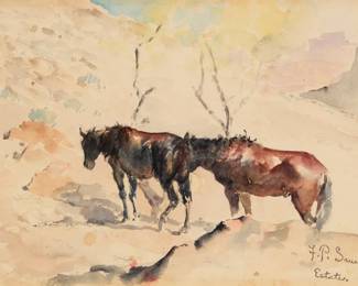 1249 Frank Paul Sauerwein (1871-1910) "Two Indian Ponies on a Hill" Watercolor on paper Estate signed lower right: F.P. Sauerwein / Estate.; titled on a label affixed to the frame's backing board Sight: 6.5" H x 9.5" W Estimate: $800 - $1,200