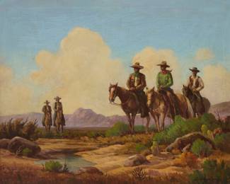 1063 John Anthony Conner (1892-1971) "Headin' for the Hitchin' Rail" Oil on canvas laid to waxed canvas Signed lower right: John Anthony Conner; titled in ink, in another hand, on a piece of paper affixed to the frame's backing board 24" H x 30" W Estimate: $1,000 - $1,500