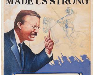 1060 Saul Tepper (1899-1987) "His Strength Made Us Strong" Gouache, pastel, and pencil on paper laid to artist's board Signed lower right: Tepper; titled and with text within the composition: "His Strength / Made Us Strong / The things that will destroy America are prosperity / at-any-price, and safety-first instead of duty-first. / - Theodore Roosevelt"; a "return to" label with an address for "Mr. Louis Tepper" is affixed verso. Image / Sheet: 22.125" H x 17.75" W Estimate: $2,000 - $3,000