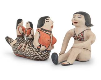 1151 Two Cochiti Pueblo polychrome pottery figures Two works:  Ivan Lewis (1919-2001, Acoma/Cochiti Pueblo) A mermaid figural group, late 20th century Signed to underside: Ivan L [illegible] / Cochiti Pueblo / N.M. Decorated in black and orange on a cream slip ground 5" H x 7.625" W x 3.25" D  Seferina Ortiz (1931-2007, Cochiti Pueblo) A seated woman in bikini, mid/late 20th century Signed to underside: Seferina Ortiz / Cochiti N. Mex. Decorated in black and orange on a cream slip ground 5.625" H x 6.125" W x 4.375" D  2 pieces Estimate: $400 - $600