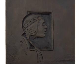 1186 Ace Powell (1912-1978, American) Head of a Native American man in profile Patinated bronze bas relief Signed and inscribed in the casting: Powell / 20-100 7.25" H x 6" W x 1" D Estimate: $300 - $500