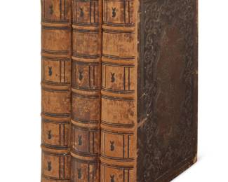 1087 John James Audubon (1785-1851) "The Quadrupeds of North America," 1870-1871 Hardcover royal octavo in three volumes Audubon, John James and John Bachman. "The Quadrupeds of North America." New York: George R. Lockwood, n.d. Fourth Edition Illustrated with 155 hand-colored lithographic plates using the original lithography stones from the 1850s first folio edition, each with tissue guard, each volume bound in full brown morocco with blind-stamped spines, gilt page edges, and marbled endpapers 3 pieces Each: 10.875" H x 7.875" W; Overall: 5.5" D Estimate: $2,000 - $3,000