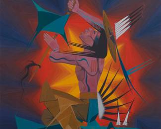 1042 Oscar Howe (1915-1983, Yanktonai Dakota) "War Dancer," circa 1960 Casein on paper Signed lower right: © Oscar Howe; titled on a label once affixed to the verso of what is presumably the original matboard support (now stored within a protective sleeve on the frame's backing board); this same early artist's label includes "No. 322" below the title Image: 24" H x 18" W; Sheet: 25.5" H x 19.5" W Estimate: $150,000 - $250,000