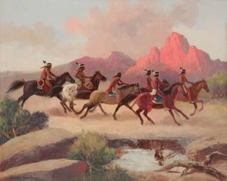 1190 Charles Damrow (1916-1989) Native Americans on horseback Oil on canvas Signed lower left: Charles Damrow; inscribed in another hand on the frame's verso: "Randoff [sic] Scott" 24" H x 30" W Estimate: $1,000 - $1,500