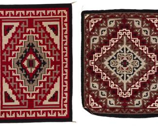 1221 Two small Navajo Ganado textiles Late 20th century, Diné Two works:  Mary Kee (b. 20th century, Diné) A Navajo Ganado textile, circa 1996 Woven in red, black, light grey, and dark grey wool, with a complex central concentric hooked diamond and a complex hooked border, with a 'spirit line' from one corner 36" H x 25.25" W  A Navajo Ganado textile Attributed to Beth Bitsuie (b. 20th century, Diné) Woven in red, black, cream, light grey, and dark grey wool with an elaborate central stepped diamond and multiple stepped motifs to corners and border 34" H x 26" W  2 pieces Estimate: $500 - $700