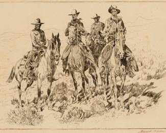 1066 Edward Borein (1872-1945) "Ranahans" Etching and drypoint on paper From the edition of unknown size and date Signed in pencil in the lower margin, at right: Edward Borein Plate: 8.75" H x 12.5" W; Sight: 9.25" H x 12.875" W Estimate: $800 - $1,200