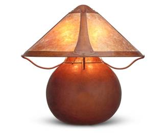 1170 A large Arts & Crafts style copper table lamp Late 20th/early 21st century Unmarked The patinated hammered copper spherical lamp base issuing four lights, surmounted by a large four-panel copper and mica shade, electrified Shade: 10" H x 25" Dia.; Overall: 23.5" H Estimate: $2,000 - $3,000