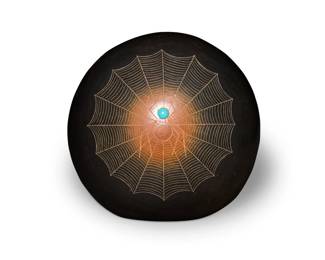 1159 Barbara [Sunbeam Tahn-Moo-Whe] Gonzales (b. 1947, San Ildefonso Pueblo) A sgraffito blackware seed jar, late 20th/early 21st century Incised verso: S TAHN-MOO-WHE / [artist's cloud cipher] Incised with a spider in a web, the head a mounted turquoise cabochon 3.375" H x 3.625" W x 2.25" D Estimate: $200 - $400