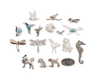 1410 A group of sterling silver and set stone figural brooches Mid/late 20th century Most variously marked for maker and/or for sterling: B.W. / A&J H Mexico / MB / M / Joalen [etched] / Mexico / Sue B. / Williamson 1995 [etched] Eighteen works comprising nine bird motif pins including Southwest roadrunners and hummingbirds, some with set turquoise and some with multistone inlay, as well as two sterling silver dragonfly pins and a blue enamel butterfly pin, four dog motif pins and a repoussé seahorse brooch 18 pieces Largest: 3" H; smallest: 0.75" H 119.4 grams gross Estimate: $200 - $400