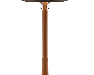 1229 A Mica Lamp Co. floor lamp Early 21st century Shade with applied label: MICA LAMP CO. / Glendora, CA / SOLID COPPER; with factory burn mark to underside of base The wood standard on an X-form base issuing four lights with copper acorn pulls, surmounted by a copper and mica shade, electrified Overall: 58.5" H x 25.75" Dia. Estimate: $600 - $800