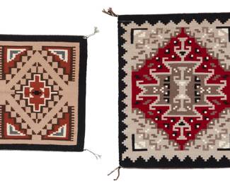 1240 Two small Navajo Ganado textiles Late 20th century, Diné Comprising two small mats, the larger woven in red, black, grey, and cream wool with a central stepped hooked diamond and a complex stepped border, and the smaller woven in tan, russet, grey, cream, and black wool with a small central stepped diamond and complex stepped corners 2 pieces Larger: 28" H x 22.75" W; Smaller: 21" H x 18" W Estimate: $500 - $700