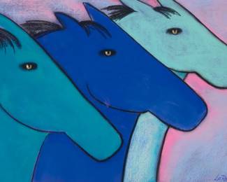1047 Carole LaRoche (b. 1939) "Blue Horses," 1995 Pastel on paper Signed and dated lower right: LaRoche 95; titled on a tag taped to the frame's backing paper Sight: 26" H x 38.5" W Estimate: $500 - $700