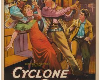 1416 Western Movie Poster for "Cyclone of the Saddle," circa 1935 Offset lithograph in colors on paper laid to canvas From the edition of unknown size No printing company credited on the poster; a very small line of copyright-type text and a number printed in the lower margin, to the left and right, directly below the image: Country of origin U.S.A. / 6216 Image: 39" H x 25.625" W; Sheet: 41" H x 27.5 " W Estimate: $300 - $500