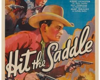 1403 Movie Poster for "Hit the Saddle," from "The Three Mesquiteers" series, 1937 Offset lithograph in colors on paper laid to canvas From the edition of unknown size Morgan Litho. Corp., Cleveland, OH, prntr., with their name and presumably the identifying number of this poster image (10744) printed in the lower margin, directly below the image, at right. Image: 38.625" H x 25.25" W; Sheet: 41.5" H x 27.25" W Estimate: $200 - $300