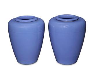 1267 A pair of Garden City blue glazed pottery oil jars Circa 1930s; San Jose, CA Each unmarked 2 pieces Each: 17.125" H x 13.75" Dia. Estimate: $700 - $900