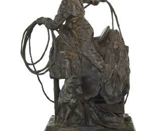 1115 Bruce R. Greene (b. 1953, American) "Tack Room Roundup" Patinated bronze on rotating wood plinth Edition: 16/20 Signed and numbered in the casting: Bruce R. Greene / CA; Titled to cast bronze plaque 14.5" H x 8" W x 9" H Estimate: $2,000 - $3,000