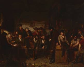 1056 John Mulvany (1844-1906) "Preliminary Trial of a Horse Thief, Scene in a Western Justice's Court," 1875 Oil on canvas laid to canvas Signed lower right: Jno Mulvany; titled on the frame plaque 48" H x 72" W Estimate: $20,000 - $30,000