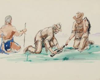 1043 Oscar Howe (1915-1983, Yanktonai Dakota) "The Trapper" Watercolor and ink on paper Signed in pencil lower right: O. Howe; titled on a handwritten note in ink, in another hand, secured to the frame's backing paper Sight: 11.5" H x 15.25" W Estimate: $800 - $1,200
