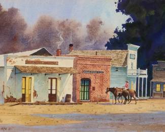 1026 David Allen Halbach (1931-2022) Cowboy and horses in an old west town, 1976 Watercolor on paper Signed and dated lower left: David Halbach 1976 ©; inscribed on the frame's backing paper "Dear Nancy & Doug / Keep your fuel lines clean. / Love Dave and Jean." Sight: 7.5" H x 12.75" W Estimate: $800 - $1,200