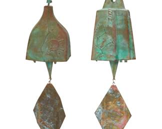 1017 Paolo Soleri (1919-2013) Two Cosanti wind bells, late 20th/early 21st century; Paradise Valley, AZ Each with cast Paolo Soleri cipher The cast bronze bells each with clapper and sheet copper fin 2 pieces Larger bell only: 12.5" H x 8.5" W x 8" D; Smaller bell only: 9.25" H x 7.5" W x 6.75" D Estimate: $800 - $1,200