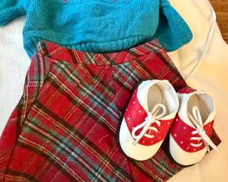 American Girl Molly's Sweater, Skirt, Saddle Shoes, Socks, Ribbon, "Girl Again"
