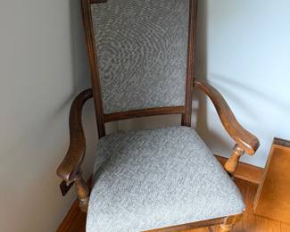 Vintage Ethan Allen 1970's Spanish Revival High Back Curved Top Rail, Upholstered Arm Chair