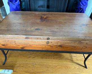 Georgian Style Vintage Knotty Pine Box that opens on Wrought Iron Stand
