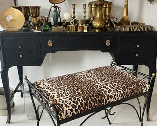 French Louis XV desk and Leopard stool set of two
