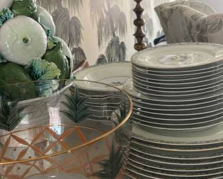 Crystal pineapple bowl, Antique plates