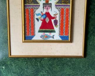 Irene Awret Framed Enamel Folk Art Painting